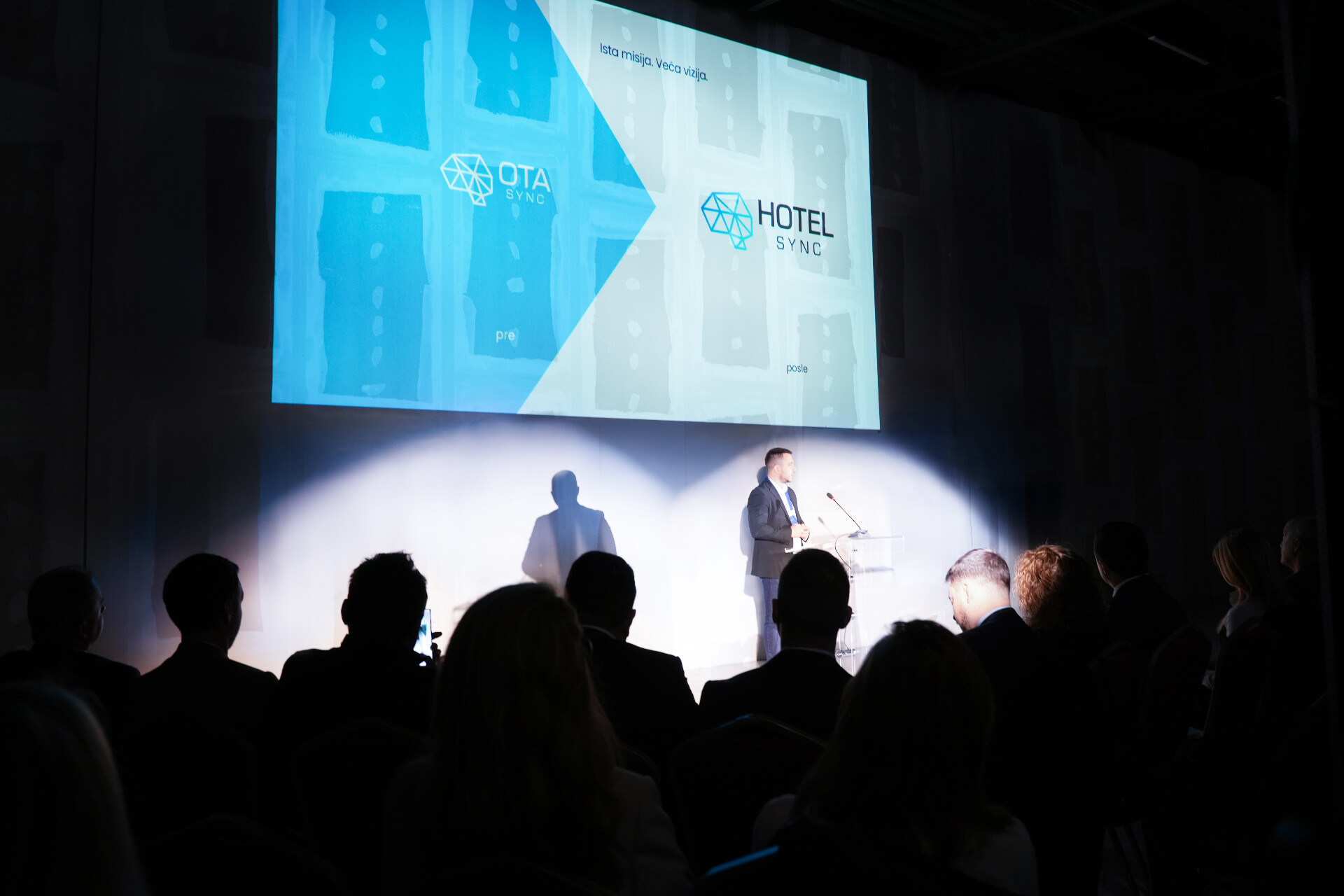 Презентация ребрендинга HotelSync на сцене, демонстрирующая переход от OTA Sync к HotelSync